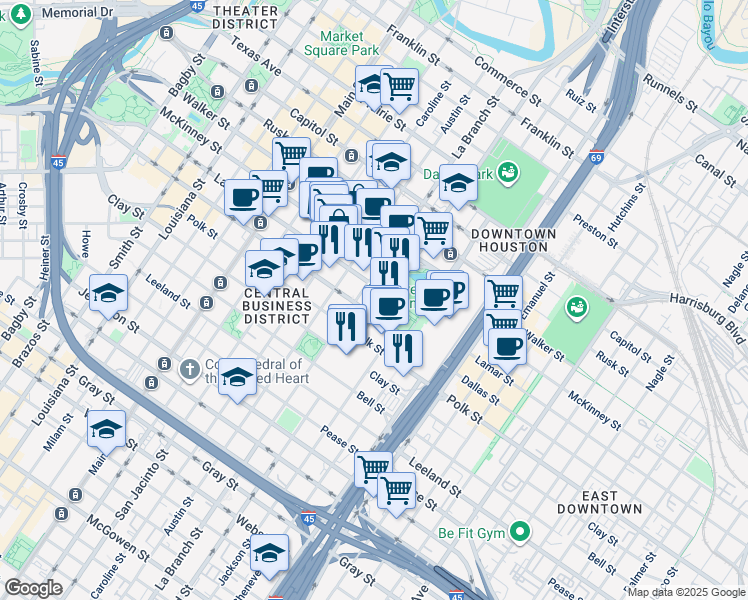 map of restaurants, bars, coffee shops, grocery stores, and more near 1550 Lamar Street in Houston