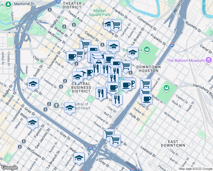 map of restaurants, bars, coffee shops, grocery stores, and more near 1515 Dallas Street in Houston
