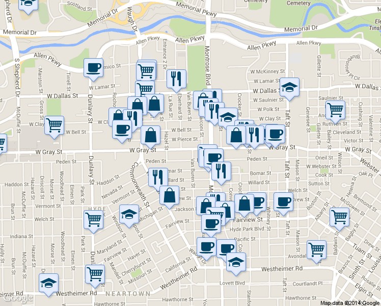 map of restaurants, bars, coffee shops, grocery stores, and more near 1206 Peden Street in Houston