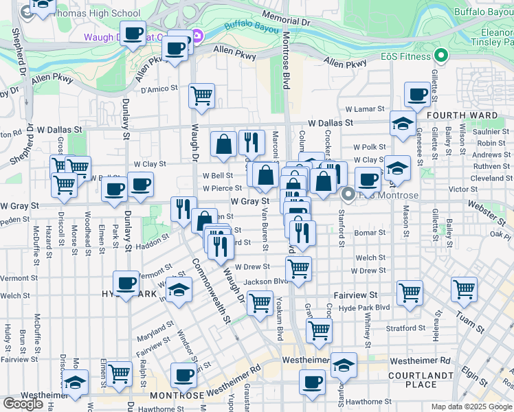 map of restaurants, bars, coffee shops, grocery stores, and more near 1206 Peden Street in Houston