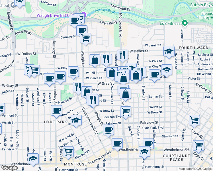 map of restaurants, bars, coffee shops, grocery stores, and more near 1206 Peden Street in Houston