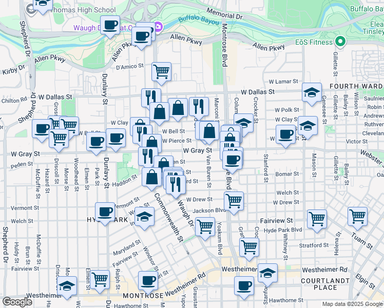 map of restaurants, bars, coffee shops, grocery stores, and more near 1245 Peden Street in Houston