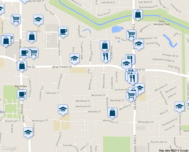 map of restaurants, bars, coffee shops, grocery stores, and more near 12811 Chaseland Lane in Houston