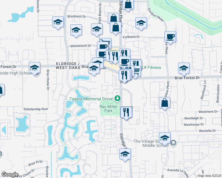 map of restaurants, bars, coffee shops, grocery stores, and more near 1600 Eldridge Parkway in Houston