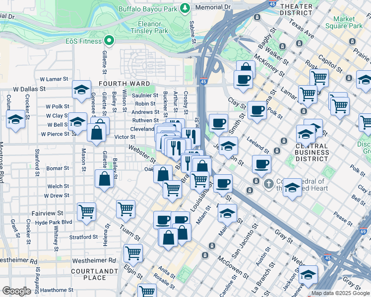 map of restaurants, bars, coffee shops, grocery stores, and more near 410 Pierce Street in Houston