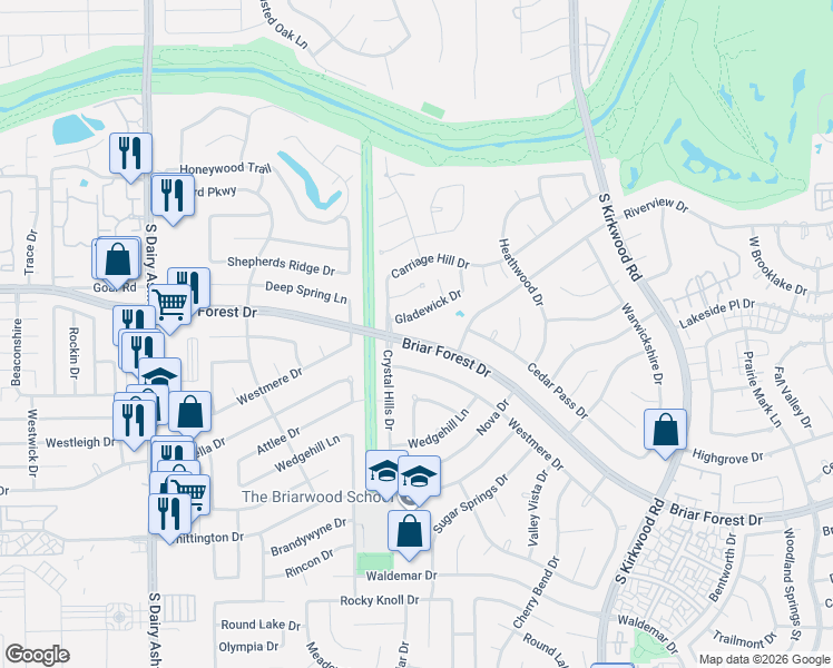 map of restaurants, bars, coffee shops, grocery stores, and more near 12247 Briar Forest Drive in Houston