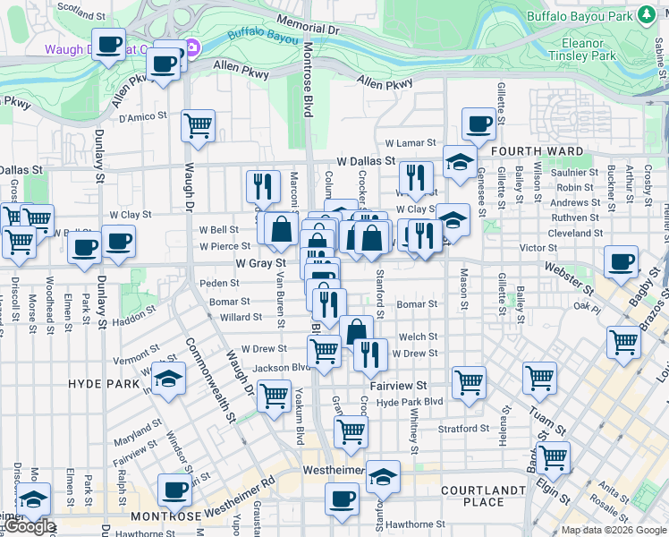 map of restaurants, bars, coffee shops, grocery stores, and more near 927 Peden Street in Houston