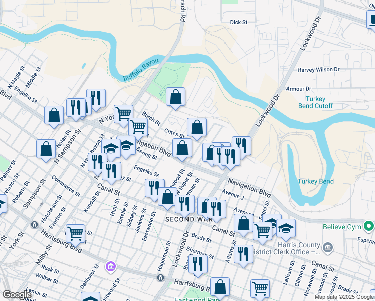 map of restaurants, bars, coffee shops, grocery stores, and more near 514 North Eastwood Street in Houston