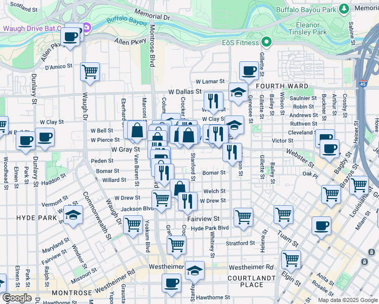 map of restaurants, bars, coffee shops, grocery stores, and more near 715 Peden Street in Houston