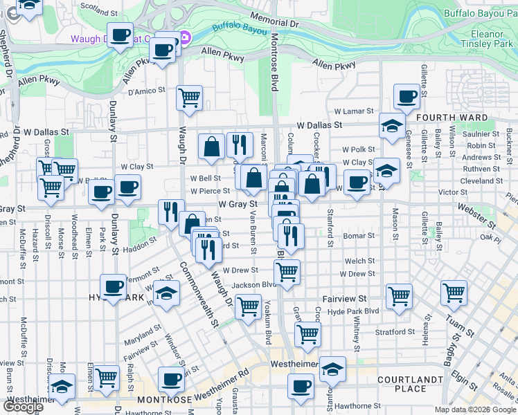 map of restaurants, bars, coffee shops, grocery stores, and more near 1133 West Gray Street in Houston