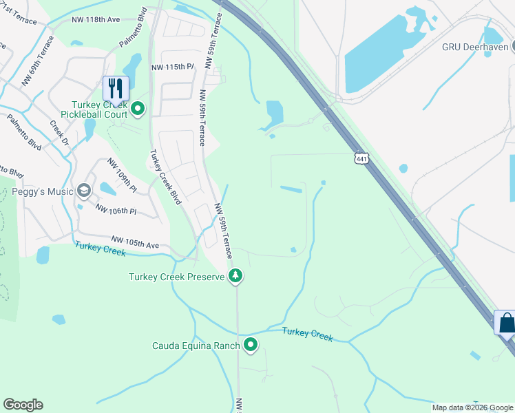 map of restaurants, bars, coffee shops, grocery stores, and more near 5527 Northwest 109th Lane in Gainesville
