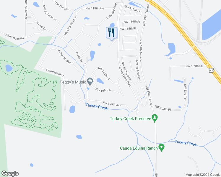 map of restaurants, bars, coffee shops, grocery stores, and more near 6309 Northwest 106th Place in Alachua