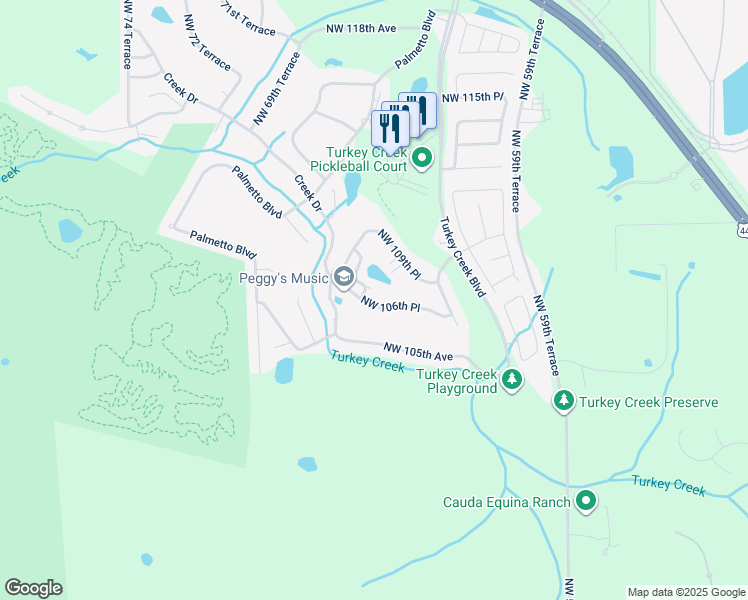 map of restaurants, bars, coffee shops, grocery stores, and more near 6379 Northwest 106th Place in Alachua
