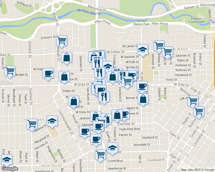 map of restaurants, bars, coffee shops, grocery stores, and more near 927 Peden Street in Houston