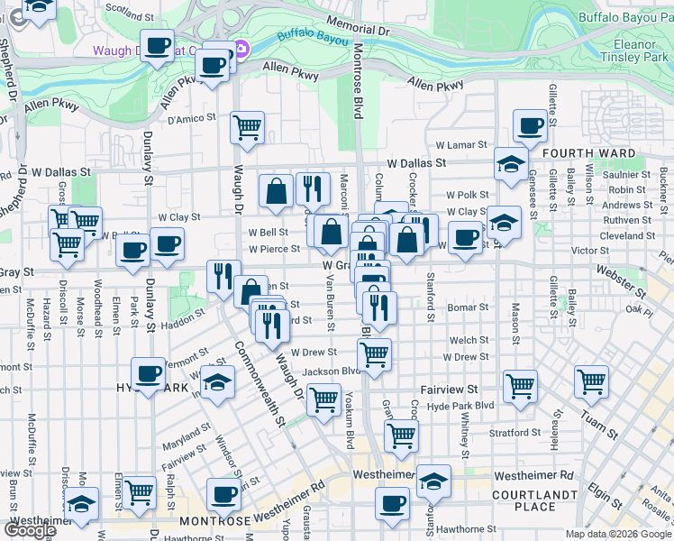 map of restaurants, bars, coffee shops, grocery stores, and more near 1206 Peden Street in Houston