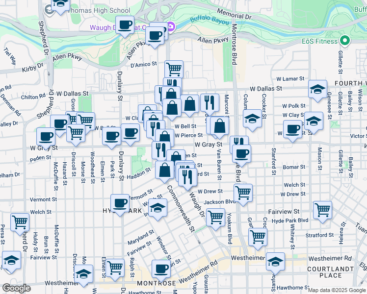 map of restaurants, bars, coffee shops, grocery stores, and more near 1316a Peden Street in Houston