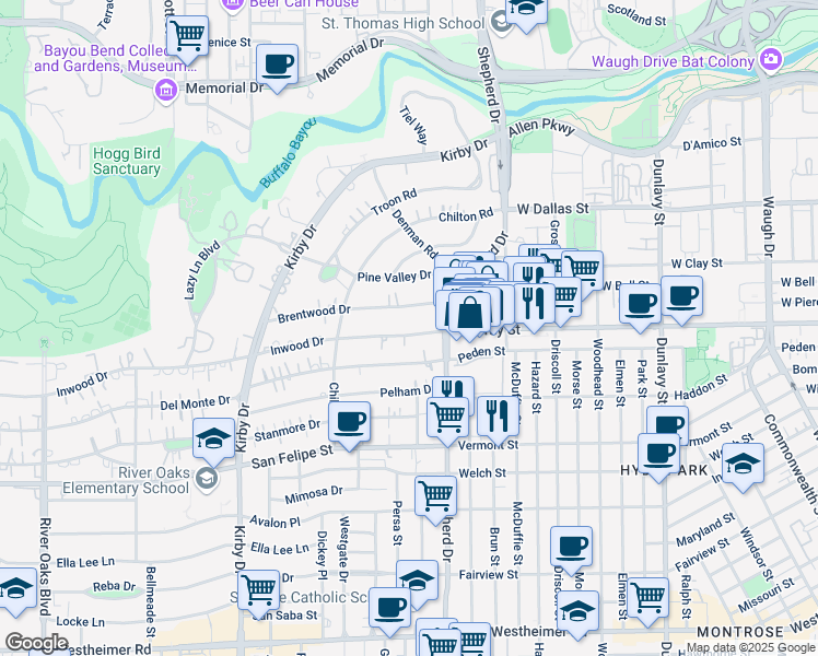 map of restaurants, bars, coffee shops, grocery stores, and more near 2127 Inwood Drive in Houston