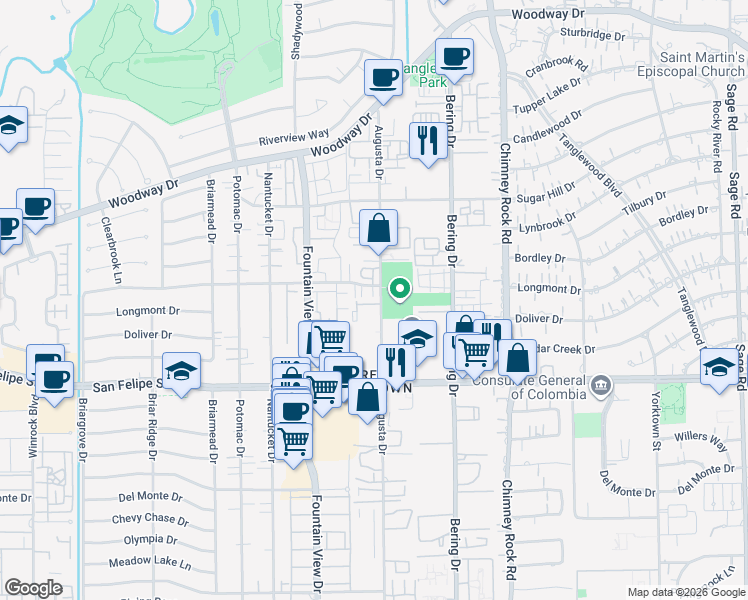 map of restaurants, bars, coffee shops, grocery stores, and more near 5803 Augusta Court in Houston