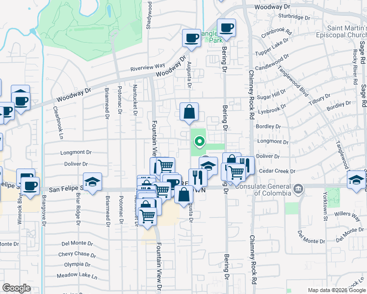 map of restaurants, bars, coffee shops, grocery stores, and more near 5801 Doliver Drive in Houston