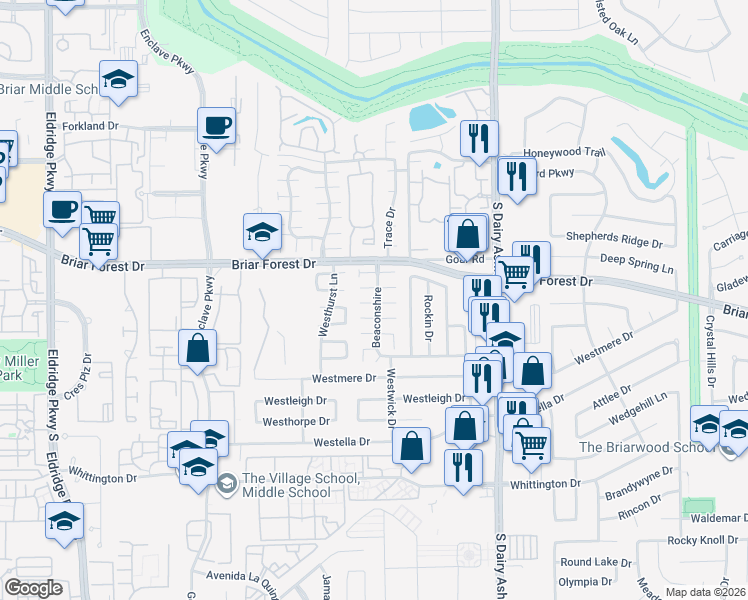 map of restaurants, bars, coffee shops, grocery stores, and more near 1604 West Broadbury in Houston