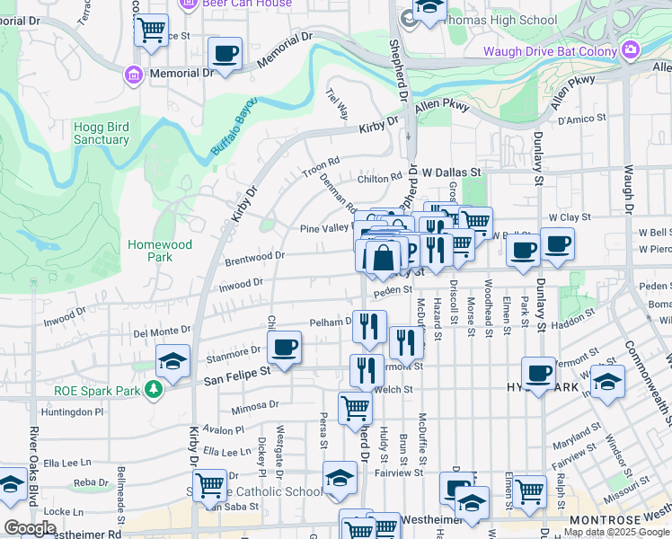 map of restaurants, bars, coffee shops, grocery stores, and more near 2127 Inwood Drive in Houston