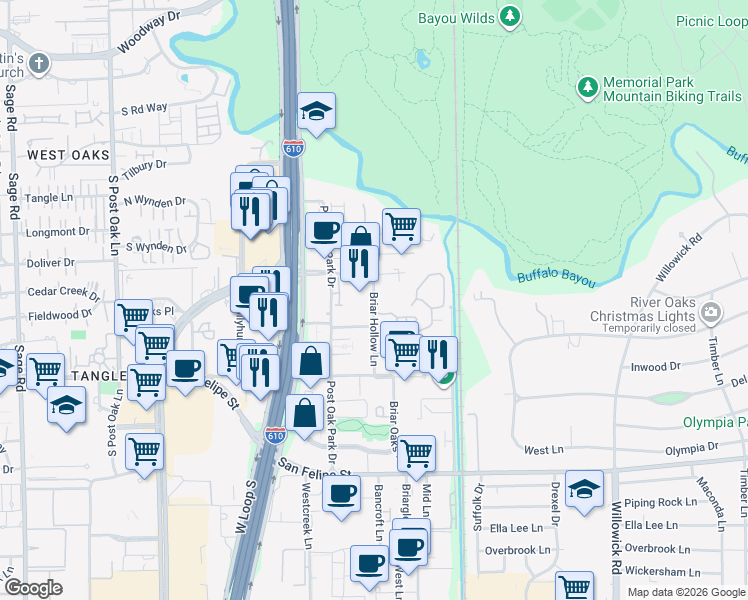 map of restaurants, bars, coffee shops, grocery stores, and more near Briar Hollow Lane in Houston