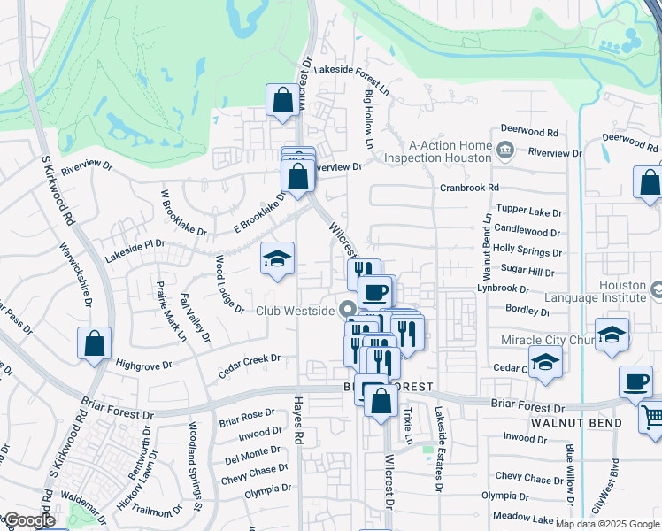 map of restaurants, bars, coffee shops, grocery stores, and more near 11206 Lynbrook Drive in Houston