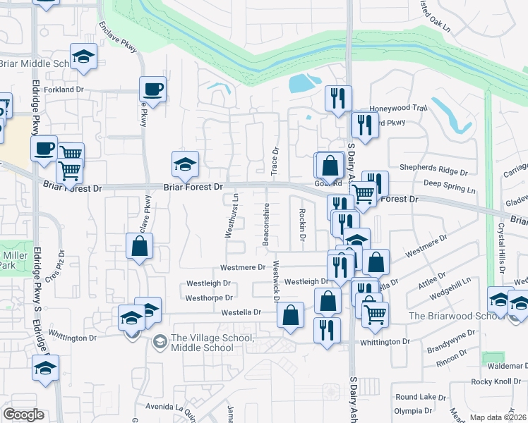 map of restaurants, bars, coffee shops, grocery stores, and more near 1604 West Broadbury in Houston