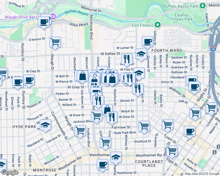 map of restaurants, bars, coffee shops, grocery stores, and more near 715 Peden Street in Houston