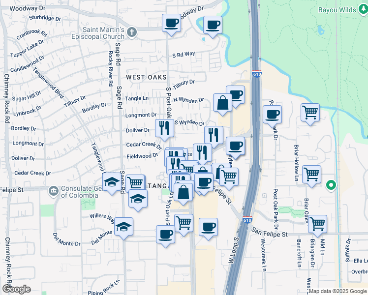 map of restaurants, bars, coffee shops, grocery stores, and more near 1360 Post Oak Boulevard in Houston