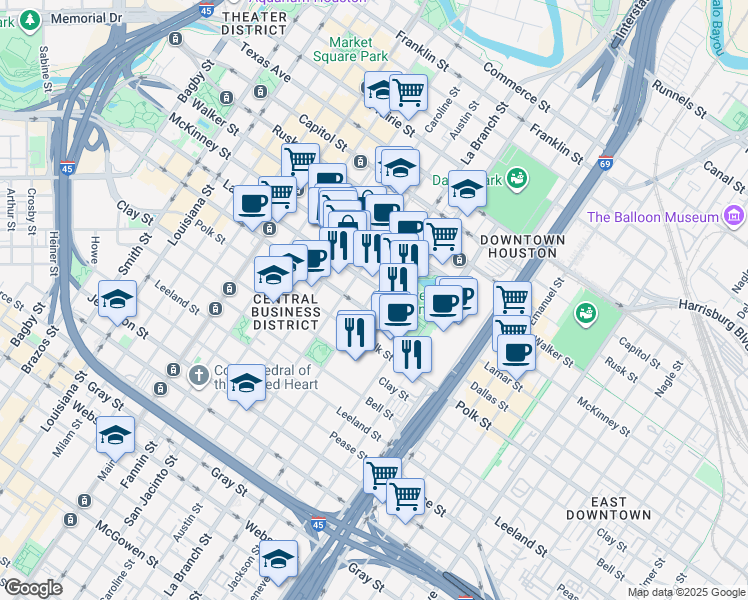 map of restaurants, bars, coffee shops, grocery stores, and more near 1515 Dallas Street in Houston