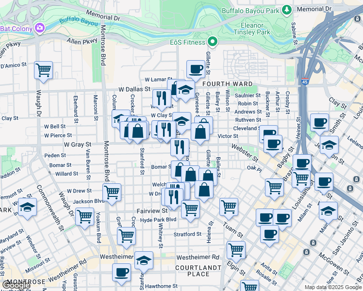 map of restaurants, bars, coffee shops, grocery stores, and more near 299 West Gray Street in Houston