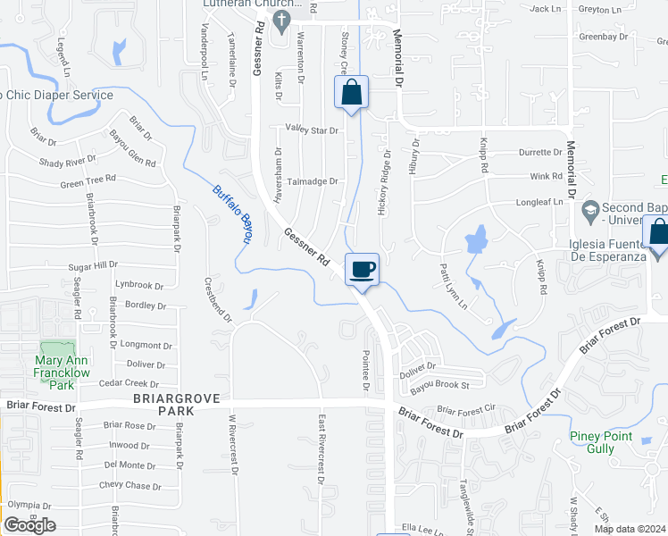 map of restaurants, bars, coffee shops, grocery stores, and more near 7 Gessner Road in Houston