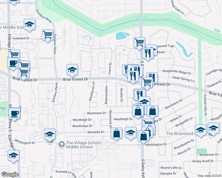 map of restaurants, bars, coffee shops, grocery stores, and more near 1546 Ainsdale Drive in Houston
