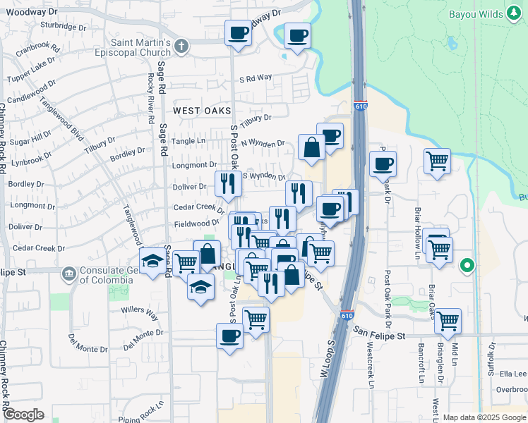 map of restaurants, bars, coffee shops, grocery stores, and more near 1330 Post Oak Boulevard in Houston