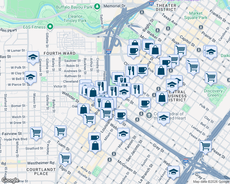 map of restaurants, bars, coffee shops, grocery stores, and more near 600 Jefferson Street in Houston