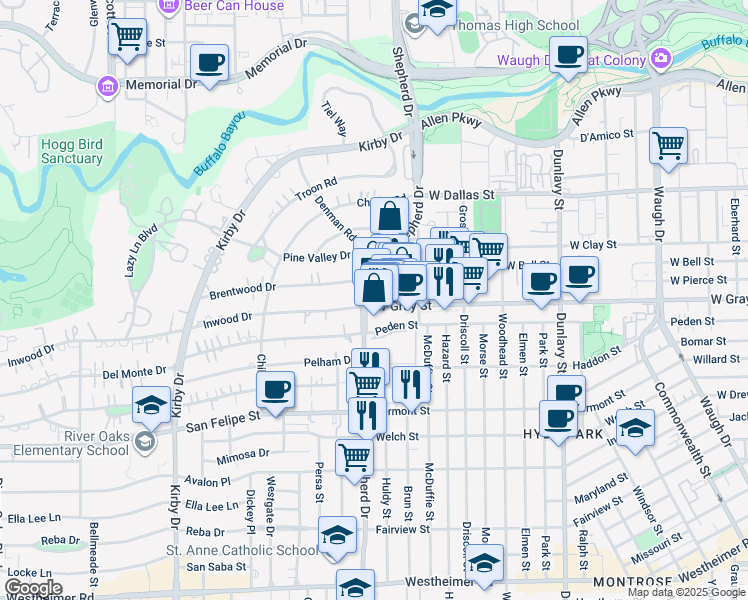 map of restaurants, bars, coffee shops, grocery stores, and more near 2050 West Gray Street in Houston