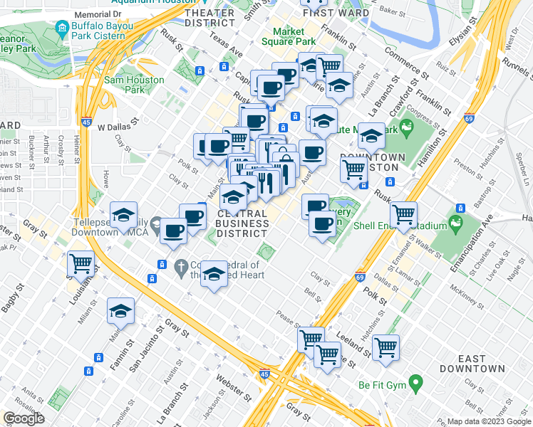 map of restaurants, bars, coffee shops, grocery stores, and more near 1204 Caroline Street in Houston