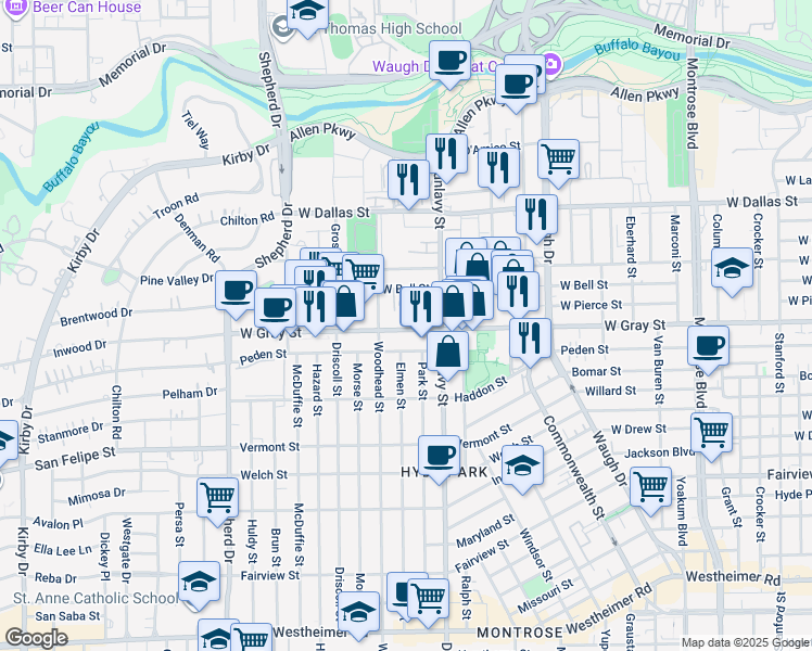 map of restaurants, bars, coffee shops, grocery stores, and more near 1916 West Gray Street in Houston