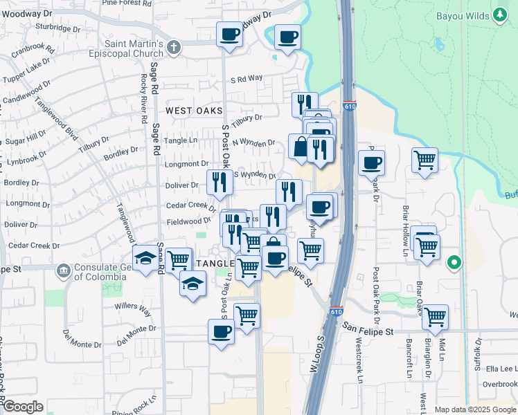 map of restaurants, bars, coffee shops, grocery stores, and more near 1330 Post Oak Boulevard in Houston