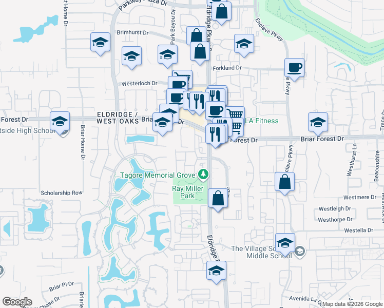 map of restaurants, bars, coffee shops, grocery stores, and more near 1600 Eldridge Parkway South in Houston