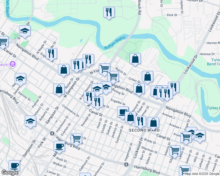 map of restaurants, bars, coffee shops, grocery stores, and more near 4001 Navigation Boulevard in Houston