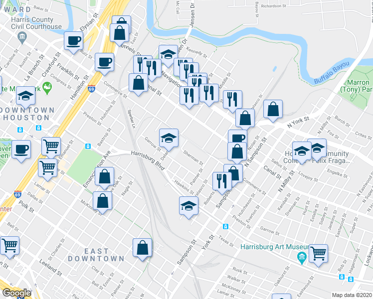 map of restaurants, bars, coffee shops, grocery stores, and more near 2800 Commerce Street in Houston