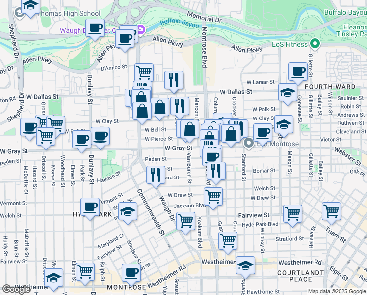 map of restaurants, bars, coffee shops, grocery stores, and more near 1207 West Pierce Street in Houston
