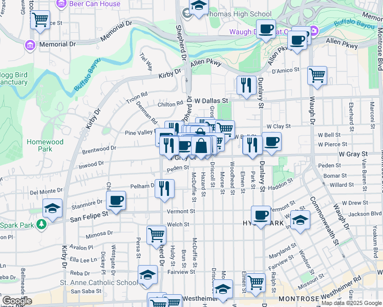 map of restaurants, bars, coffee shops, grocery stores, and more near in Houston