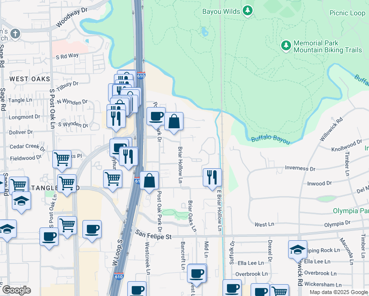 map of restaurants, bars, coffee shops, grocery stores, and more near 49 Briar Hollow Lane in Houston