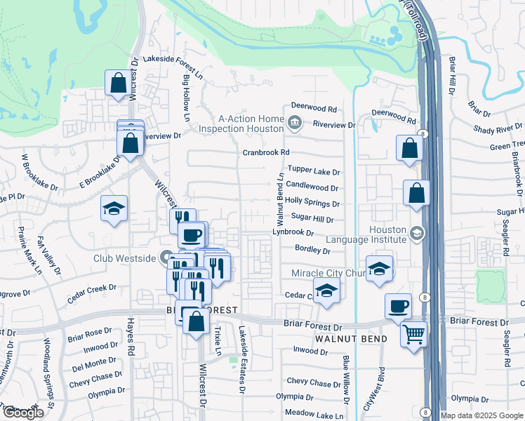 map of restaurants, bars, coffee shops, grocery stores, and more near 10806 Holly Springs Drive in Houston