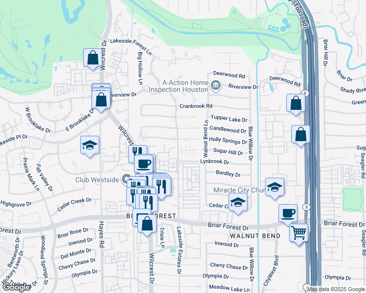 map of restaurants, bars, coffee shops, grocery stores, and more near 10830 Holly Springs Drive in Houston