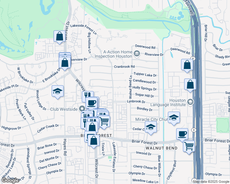 map of restaurants, bars, coffee shops, grocery stores, and more near 10830 Holly Springs Drive in Houston