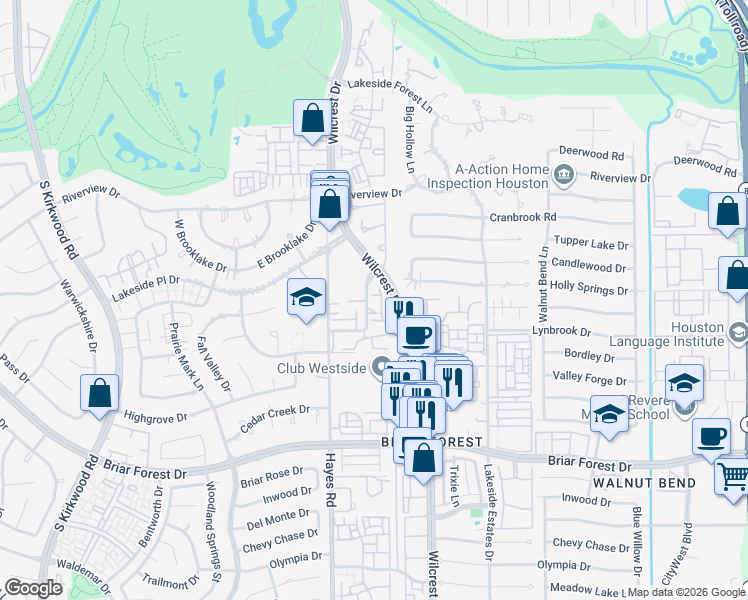 map of restaurants, bars, coffee shops, grocery stores, and more near 1101 Wilcrest Drive in Houston